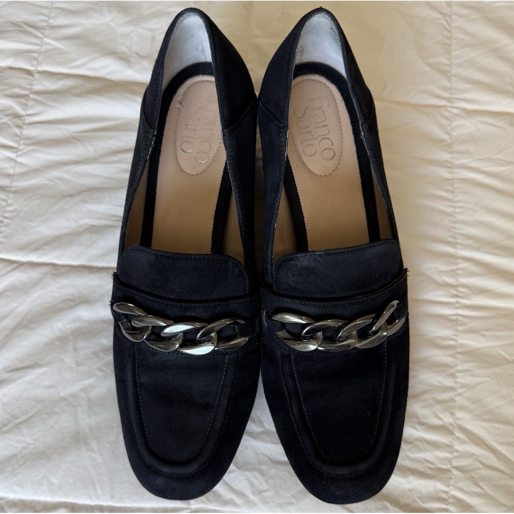 Franco Sarto Chunky Chain Suede Leather Loafers Sz 8.5 Black Block Heel Academia - Picture 2 of 10